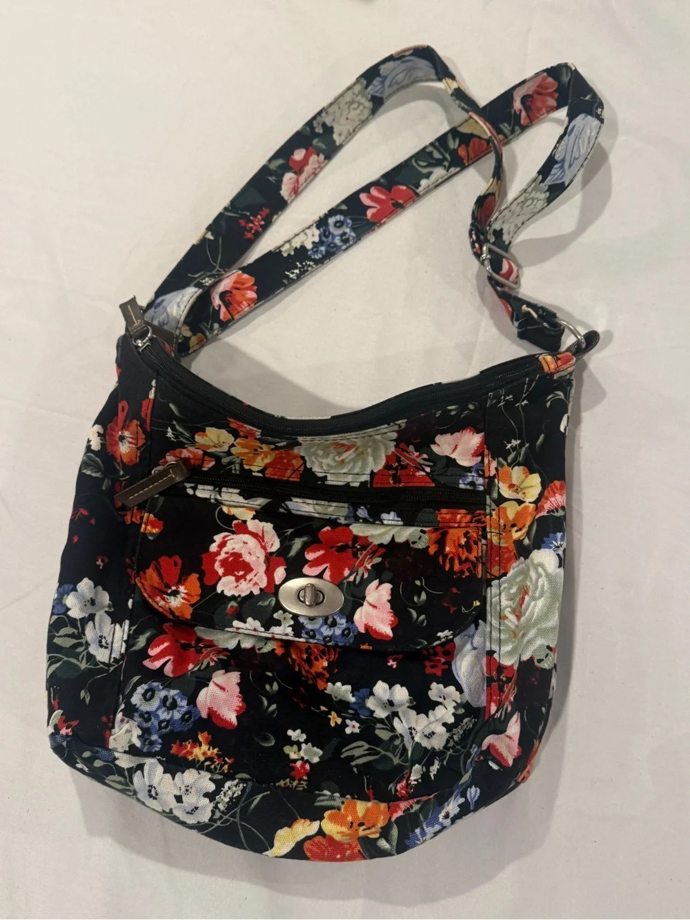 ANDE By Jaclyn Floral Cotton Canvas Crossbody Hobo Bag Multi Pocket Purse Girly